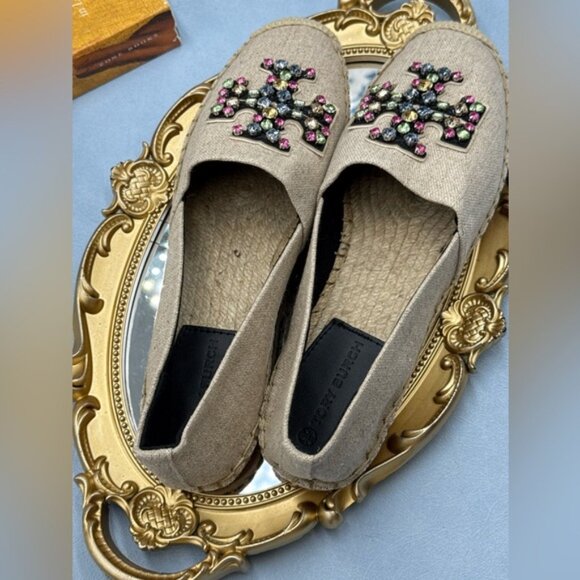 🆕 TORY BURCH 🧿 NWOB Ines Linen & Leather Bejewelled Espadrilles - Sz  9 M - Picture 9 of 13